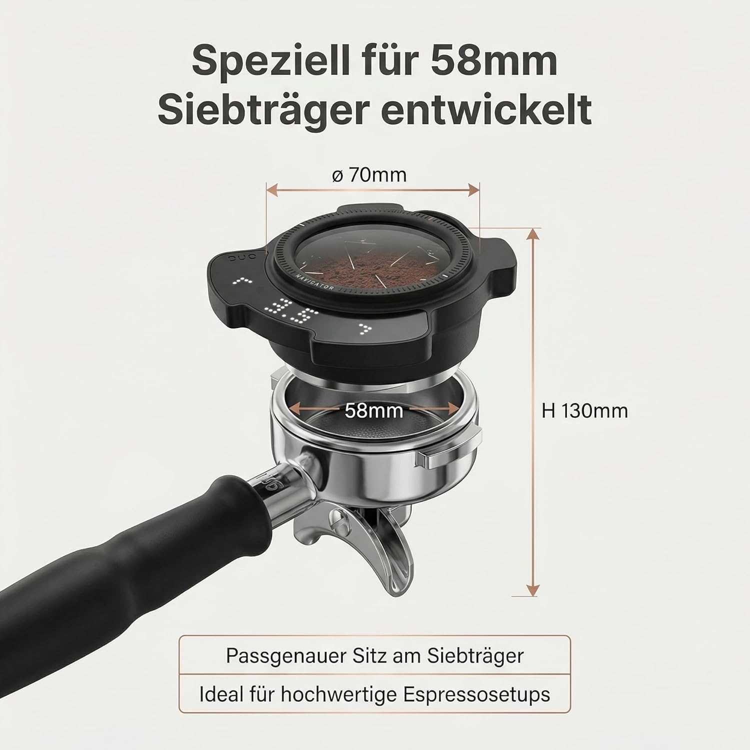 Avanti PUQ Navigator Elektronisches WDT-Tool für Espresso, 58mm Siebträger, automatisierte Weiss Distribution Technique, digitale LED-Anzeige, Schwarz