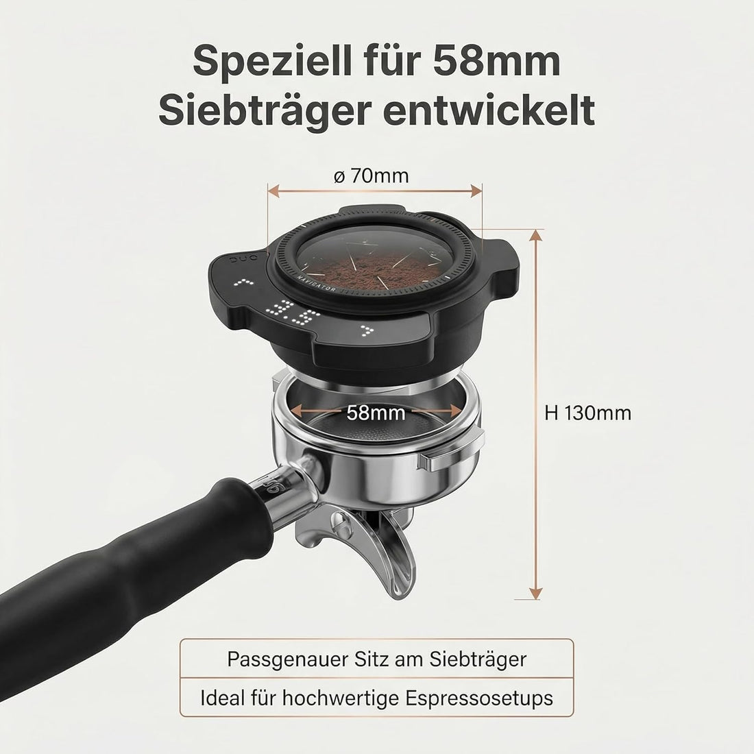 Avanti PUQ Navigator Elektronisches WDT-Tool für Espresso, 58mm Siebträger, automatisierte Weiss Distribution Technique, digitale LED-Anzeige, Schwarz