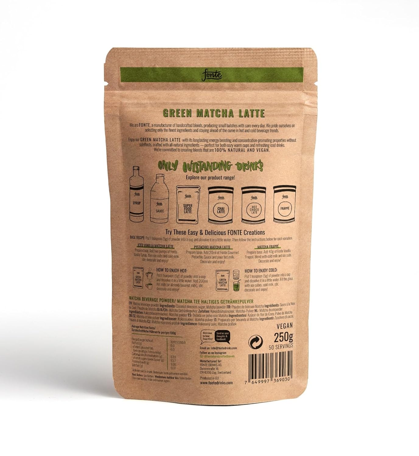Fonte Green Matcha Latte, Handcrafted Vegan Tee Pulver, 250g Beutel, 50 Portionen, 100% Natürlich