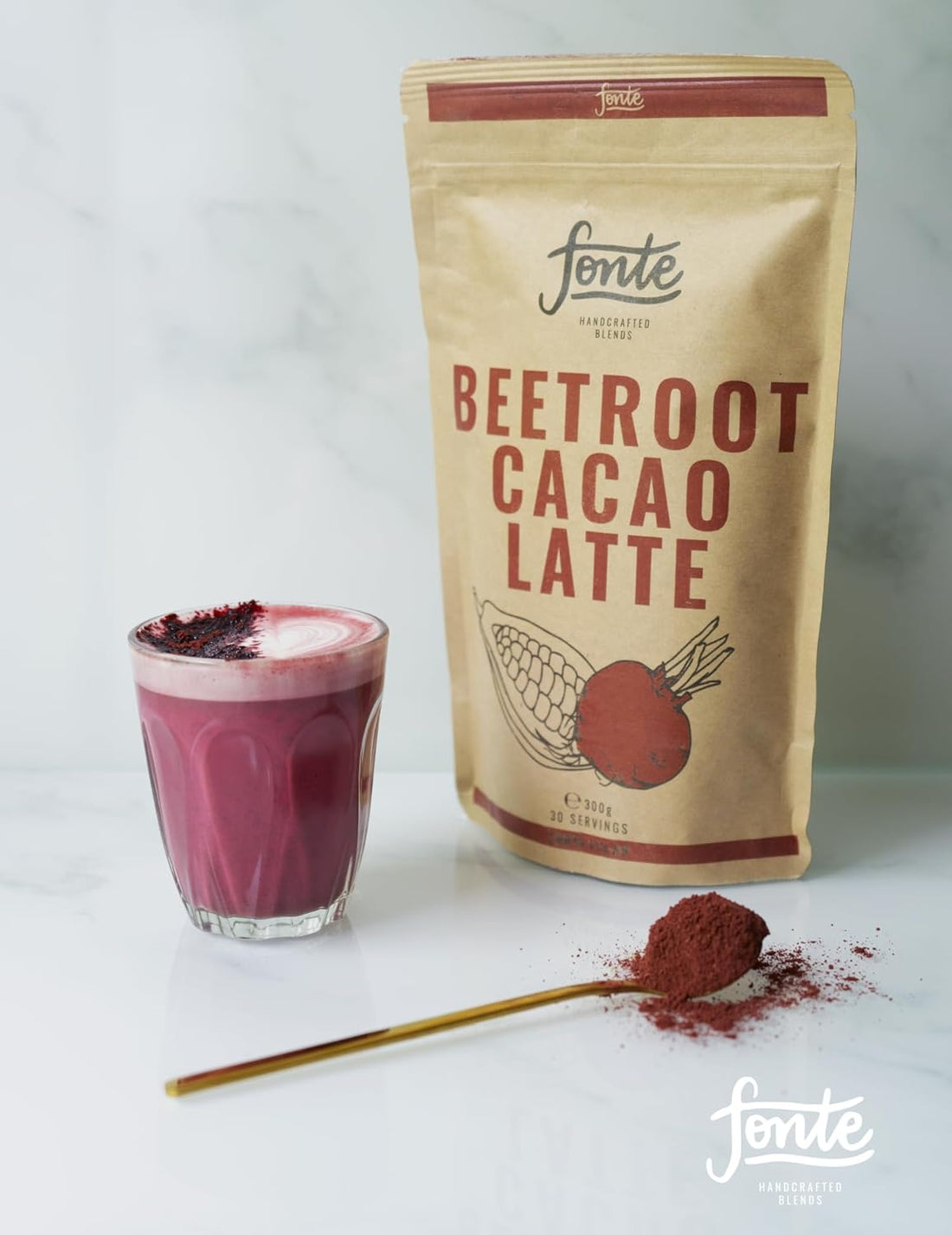 Fonte Handcrafted Blends Beetroot Cacao Latte, Veganes Getränkepulver mit Roter Bete und Kakao, 300g, 30 Portionen