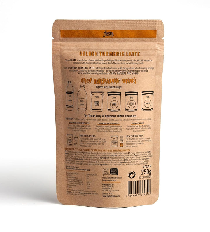 Fonte Golden Turmeric Latte, handgefertigte vegane Kurkuma-Mischung, 250g, 50 Portionen, natürliche Gewürzmischung für warme und kalte Getränke