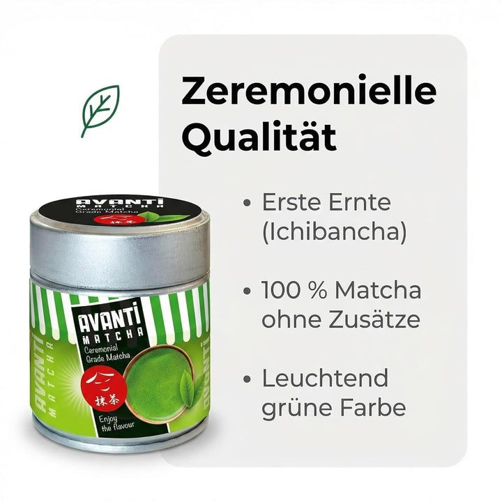 Avanti Matcha Tee Pulver (Ceremonial Grade), Erste Ernte Ichibancha, reines Premium Matcha Pulver ohne Zusätze, unabhängig laborgeprüft, 50 g in lichtschützender, wiederverschließbarer Metalldose