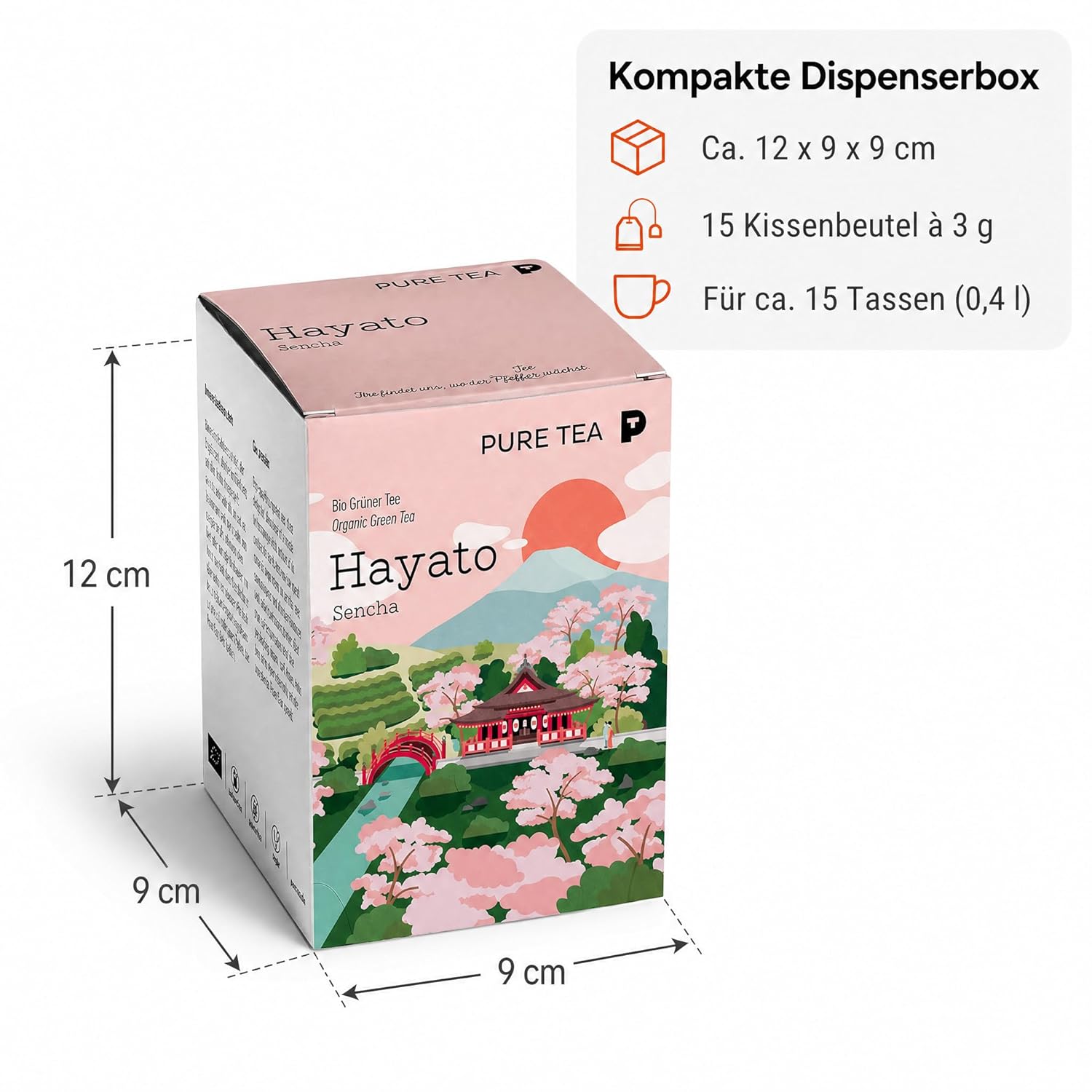 6 x Pure Tea Grüner Tee Sencha Hayato, japanischer Grüntee im Kissenbeutel, 15 Beutel à 3 g, Premiumqualität, Dispenserbox, frisch-duftiges Aroma