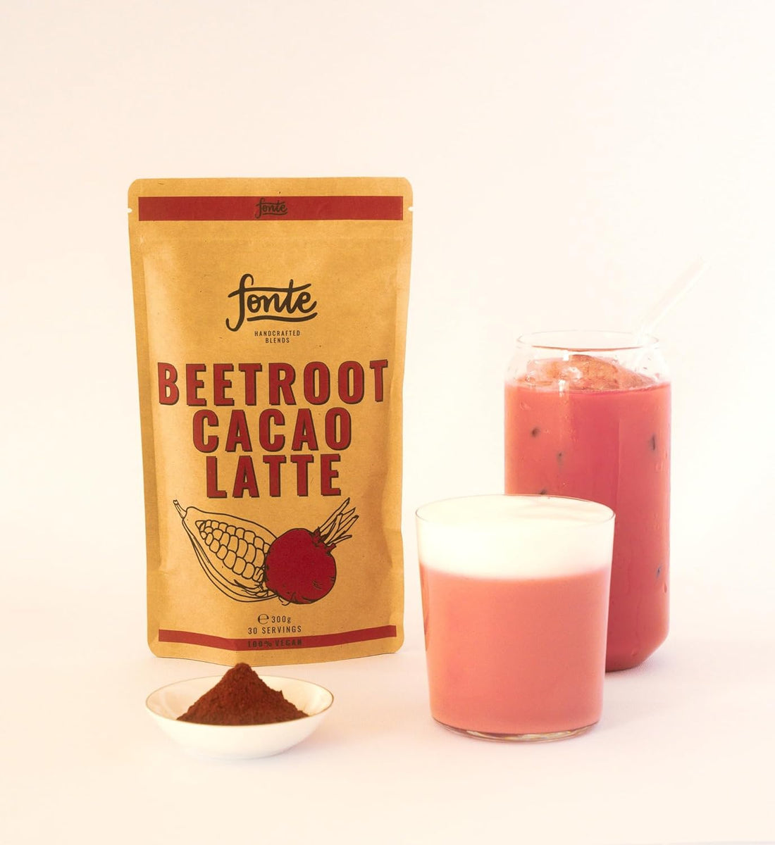 Fonte Handcrafted Blends Beetroot Cacao Latte, Veganes Getränkepulver mit Roter Bete und Kakao, 300g, 30 Portionen