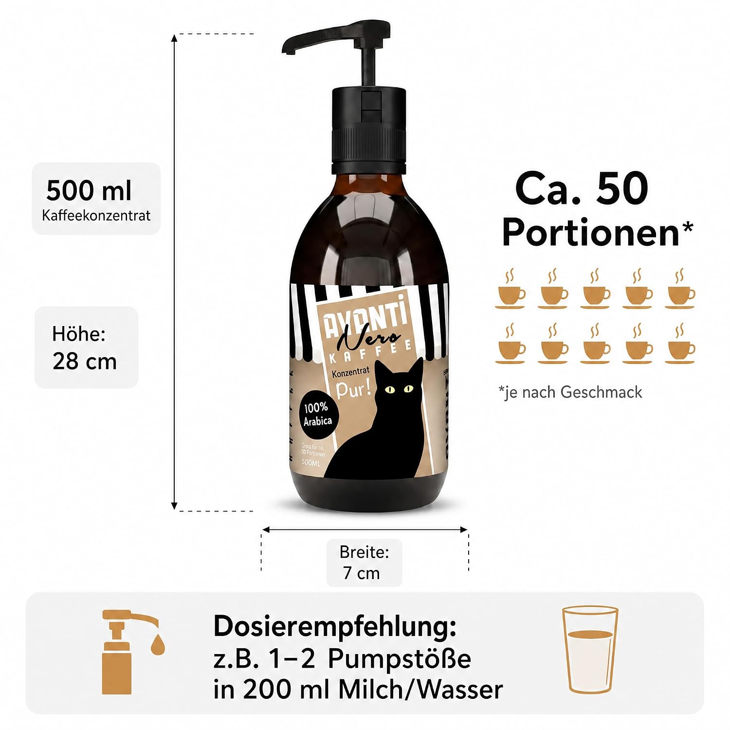 AVANTI Nero Kaffeekonzentrat Pur, 100% Arabica, 500 ml, ca. 50 Portionen | Flüssiges Kaffeekonzentrat für Eiskaffee, Cold Brew, Latte & mehr – präzise dosiert mit Pumpspender