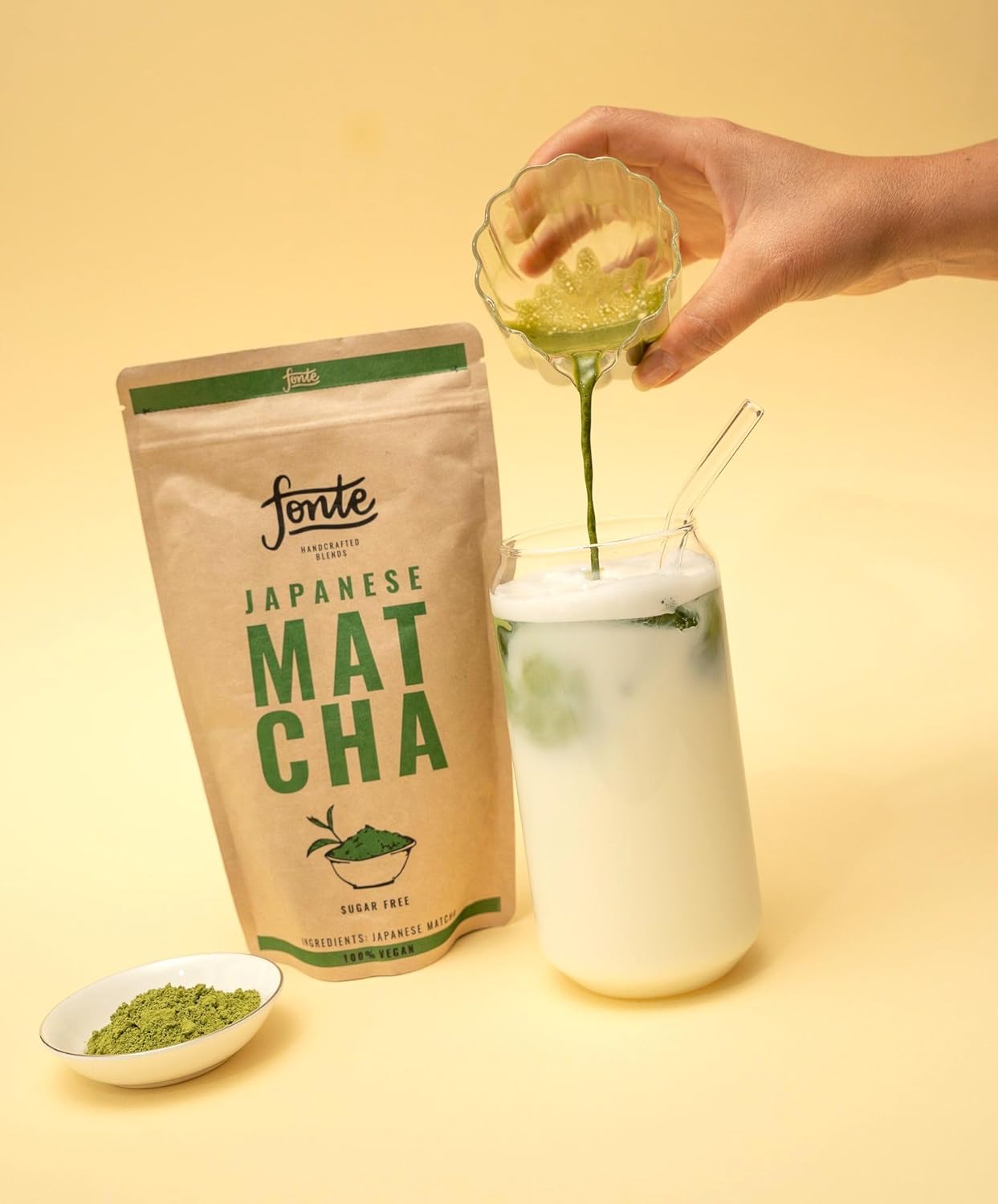 Fonte Japanischer Matcha Tee, 100% Vegan, Zuckerfrei, 150g Pulver für 75 Portionen, Handgefertigte Premium Qualität