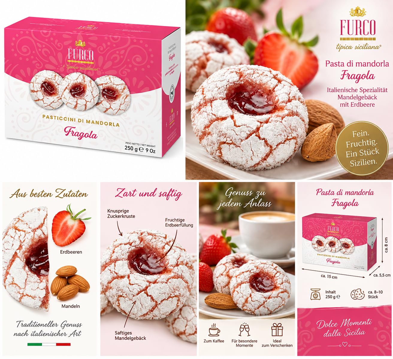 Furco Mandelgebäck Pasticcini di Mandorla FRAGOLA, Italienische Kekse mit Erdbeere, Sizilianisches Gebäck in Geschenkbox, Hergestellt in Italien, 250 g