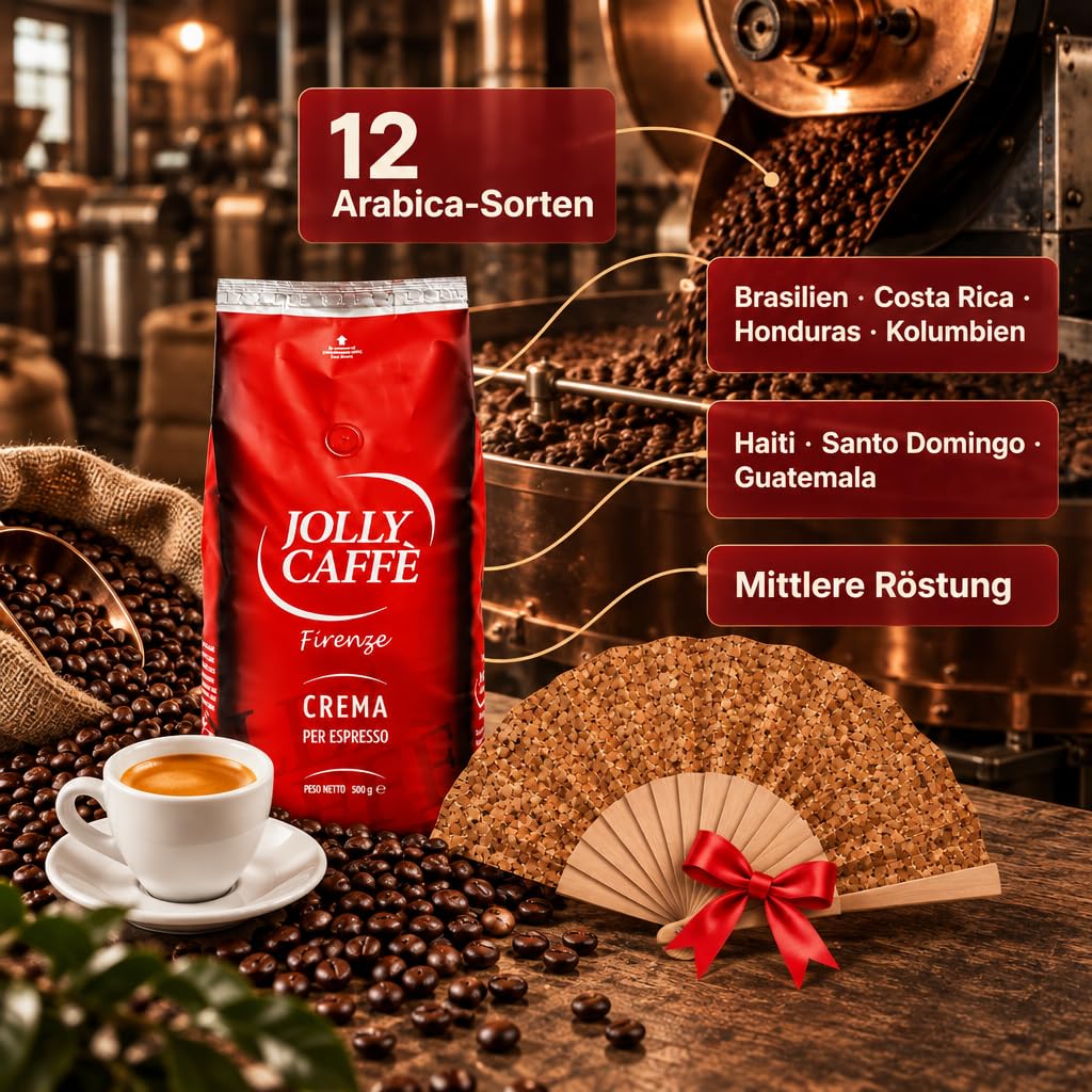 Jolly Caffè Crema Espresso Bohnen, 6 x 1 kg, Premium Arabica-Mischung aus Zentralamerika + Zugabe Fächer