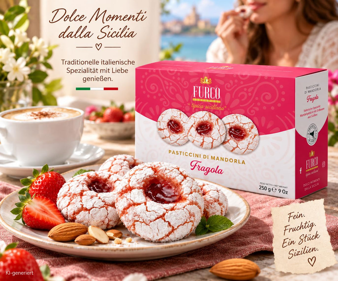 Furco Mandelgebäck Pasticcini di Mandorla FRAGOLA, Italienische Kekse mit Erdbeere, Sizilianisches Gebäck in Geschenkbox, Hergestellt in Italien, 250 g