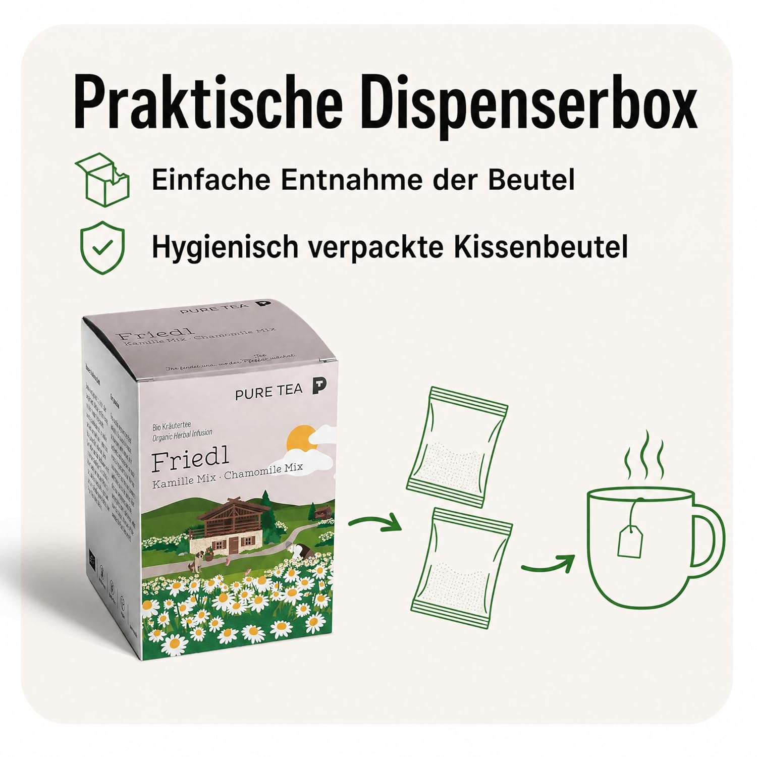 PURE TEA Kamillentee Friedl Kamille Mix, Kräutertee mit 50% Kamillenblüten, Apfelstücken & Zitronenverbene, koffeinfrei und glutenfrei, Kissenbeutel in Dispenserbox