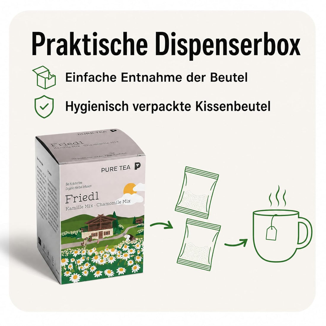 PURE TEA Kamillentee Friedl Kamille Mix, Kräutertee mit 50% Kamillenblüten, Apfelstücken & Zitronenverbene, koffeinfrei und glutenfrei, Kissenbeutel in Dispenserbox
