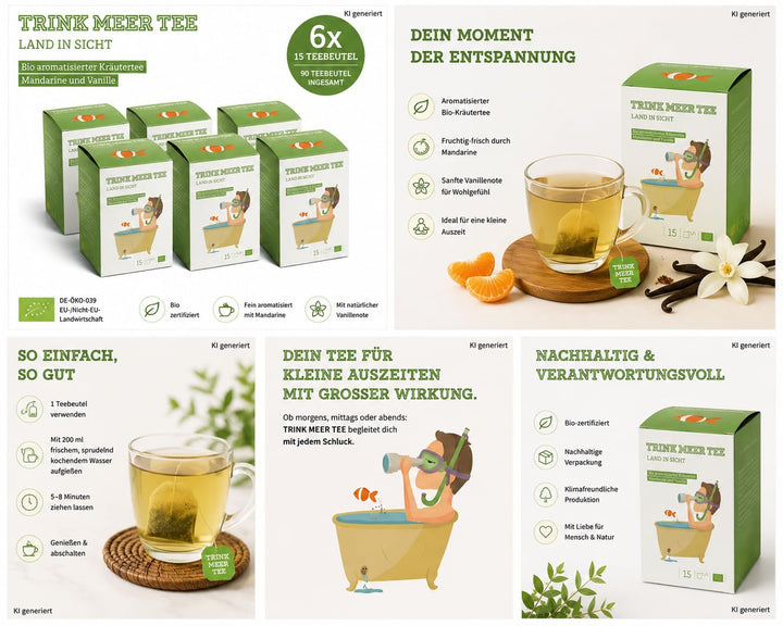 6 x Trink Meer Tee LAND IN SICHT - Premium Kräutertee Mandarine Vanille, 30 Kissenbeutel, Fruchtiger Premium Früchtetee mit Sanddorn, Fenchel & Melisse – handgenähte Kissenbeutel