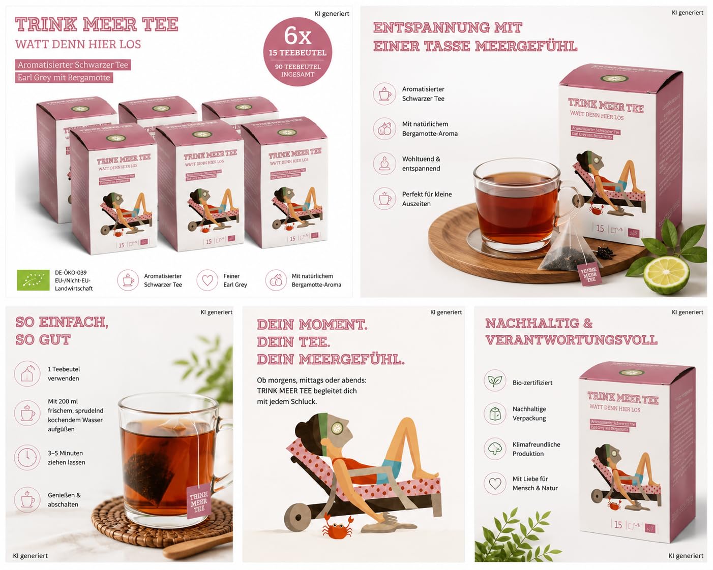 6 Gebinde Trink Meer Tee WATT DENN HIER LOS Earl Grey mit Bergamotte, Schwarzer Tee, 90 Kissenbeutel, Vegan, Glutenfrei, Laktosefrei, Größe pro Packung: 12 x 9 x 9 cm