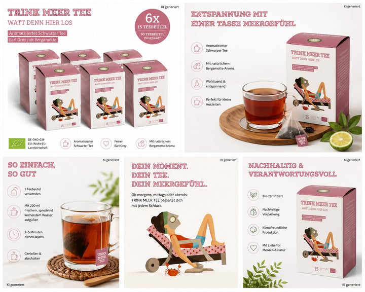 6 Gebinde Trink Meer Tee WATT DENN HIER LOS Earl Grey mit Bergamotte, Schwarzer Tee, 90 Kissenbeutel, Vegan, Glutenfrei, Laktosefrei, Größe pro Packung: 12 x 9 x 9 cm