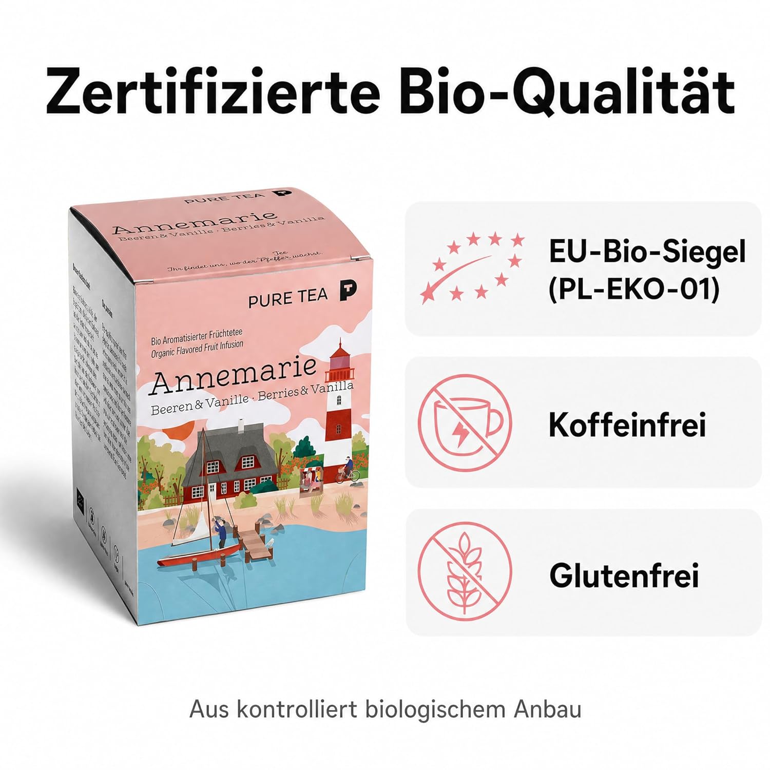 6 x Pure Tea Früchtetee Annemarie Beeren & Vanille, 15 Teebeutel à 3,5 g, aromatisierter Premium-Früchtetee, koffeinfrei & glutenfrei, Dispenserbox