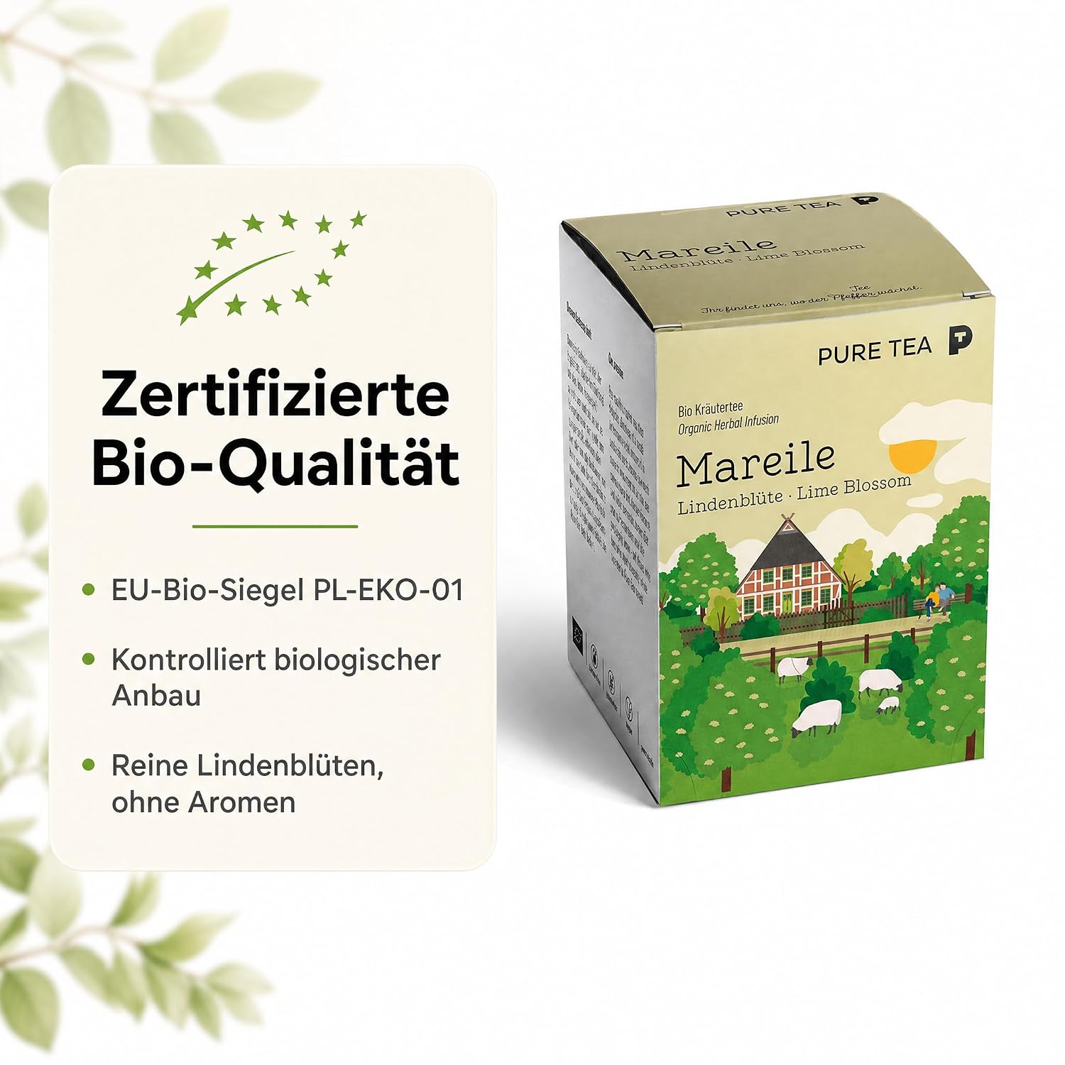 2 Pack Mareile Premium-Lindenblütentee, 30 Teebeutel, Kräutertee Geschenk | Reiner Entspannungstee ohne Aromen, handgenähte Kissenbeutel, EU-zertifiziert – ein schönes Geschenk für Teeliebhaber