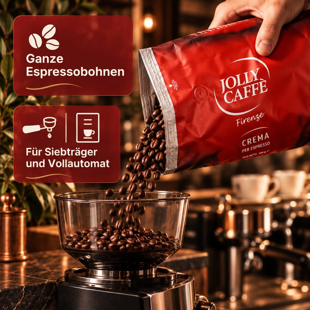 Jolly Caffè Crema Espresso Bohnen, 6 x 1 kg, Premium Arabica-Mischung aus Zentralamerika + Zugabe Fächer