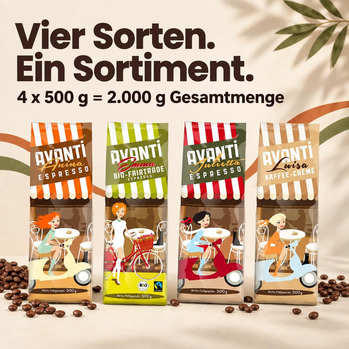 AVANTI Kaffeebohnen Probierset, 4 x 500 g, Espresso & Kaffee Crème
