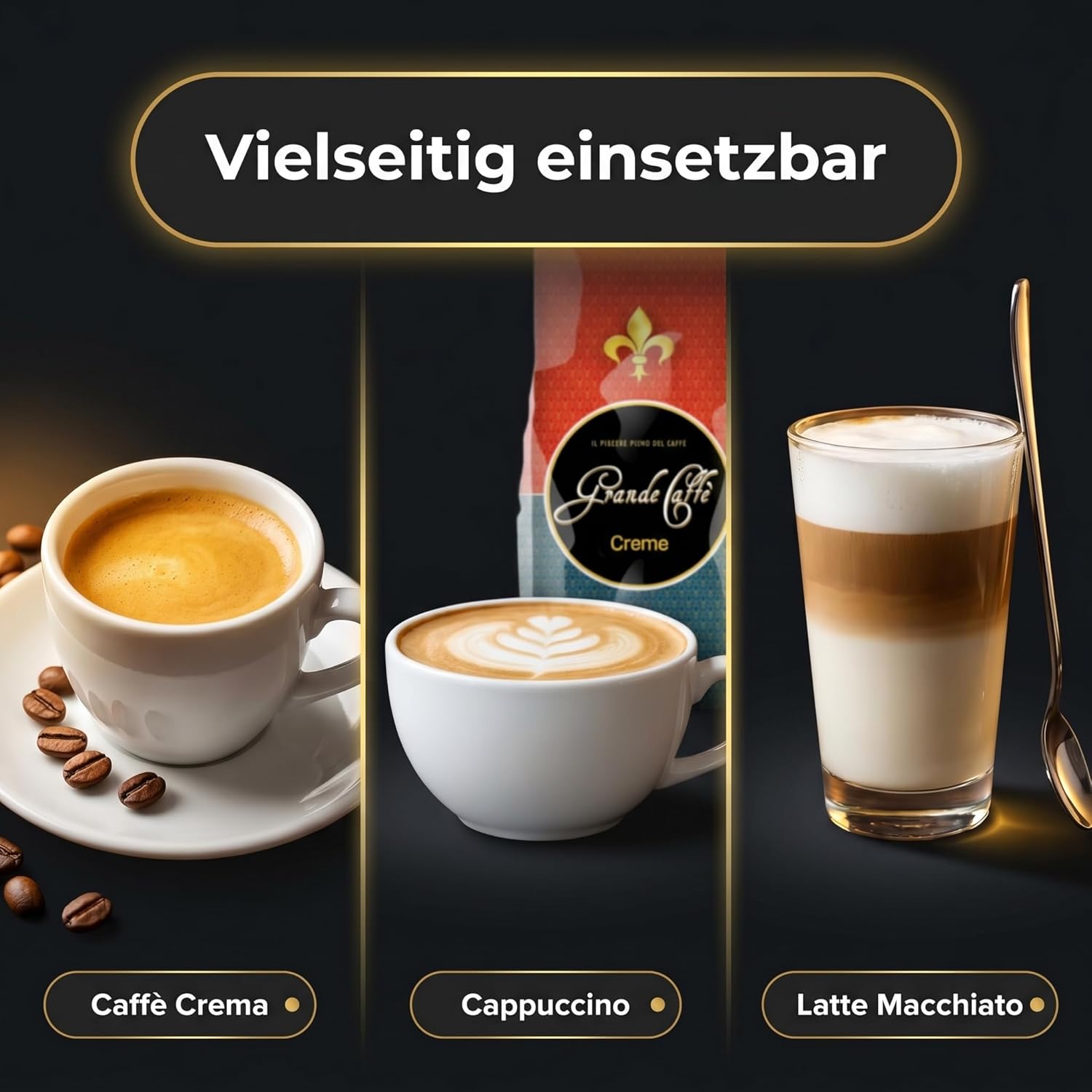 Grande Caffè Kaffeebohnen Caffè Crema, 90% Arabica 10% Robusta, traditionelle Trommelröstung, ganze Bohnen 1 kg, für Vollautomaten und Siebträger, ausgewogener Geschmack mit Honig, Vanille und Mandel