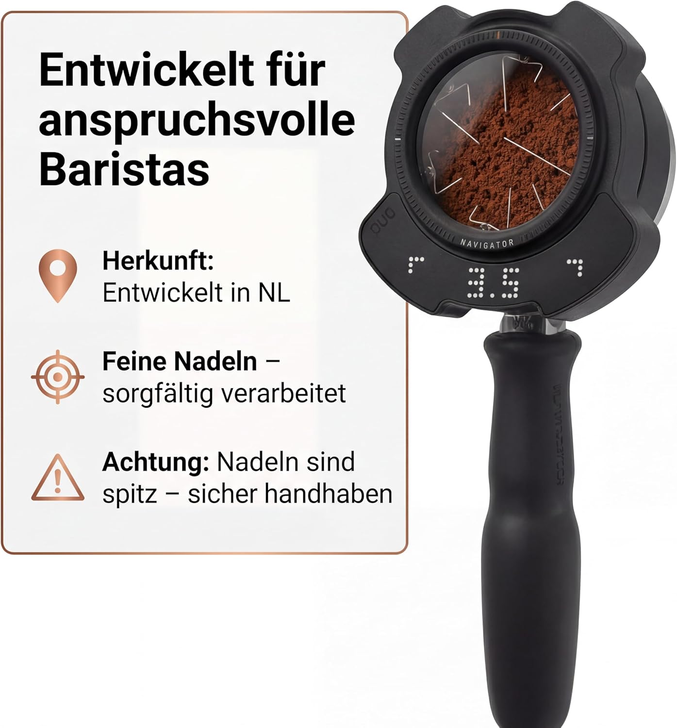 Avanti PUQ Navigator Elektronisches WDT-Tool für Espresso, 58mm Siebträger, automatisierte Weiss Distribution Technique, digitale LED-Anzeige, Schwarz