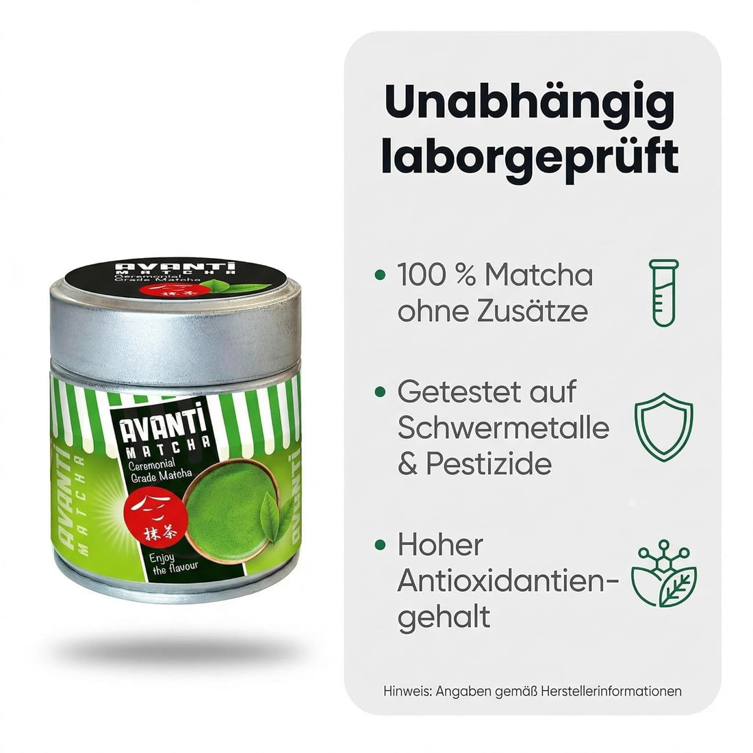 Avanti Matcha Tee Pulver (Ceremonial Grade), Erste Ernte Ichibancha, reines Premium Matcha Pulver ohne Zusätze, unabhängig laborgeprüft, 50 g in lichtschützender, wiederverschließbarer Metalldose