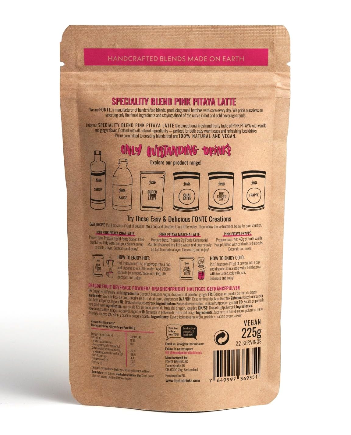 FONTE Pink Pitaya Latte, veganes Superfood Getränkepulver, natürliche Drachenfrucht, 225g, 22 Portionen, für heiße und kalte Getränke, glutenfrei