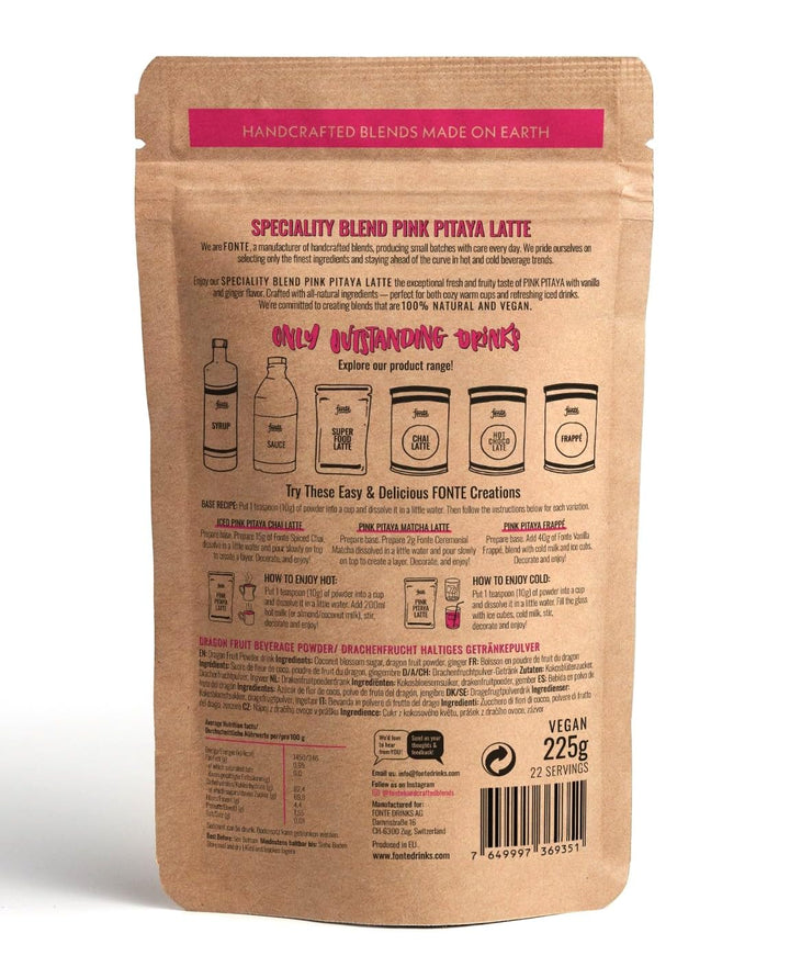 FONTE Pink Pitaya Latte, veganes Superfood Getränkepulver, natürliche Drachenfrucht, 225g, 22 Portionen, für heiße und kalte Getränke, glutenfrei