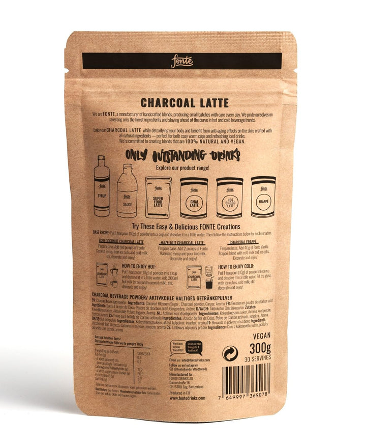 Fonte Handcrafted Charcoal Latte, Veganes Aktivkohle Getränkepulver, 300g für 30 Portionen, Mit Kokosblütenzucker und Ingwer, Für Warme und Kalte Zubereitung