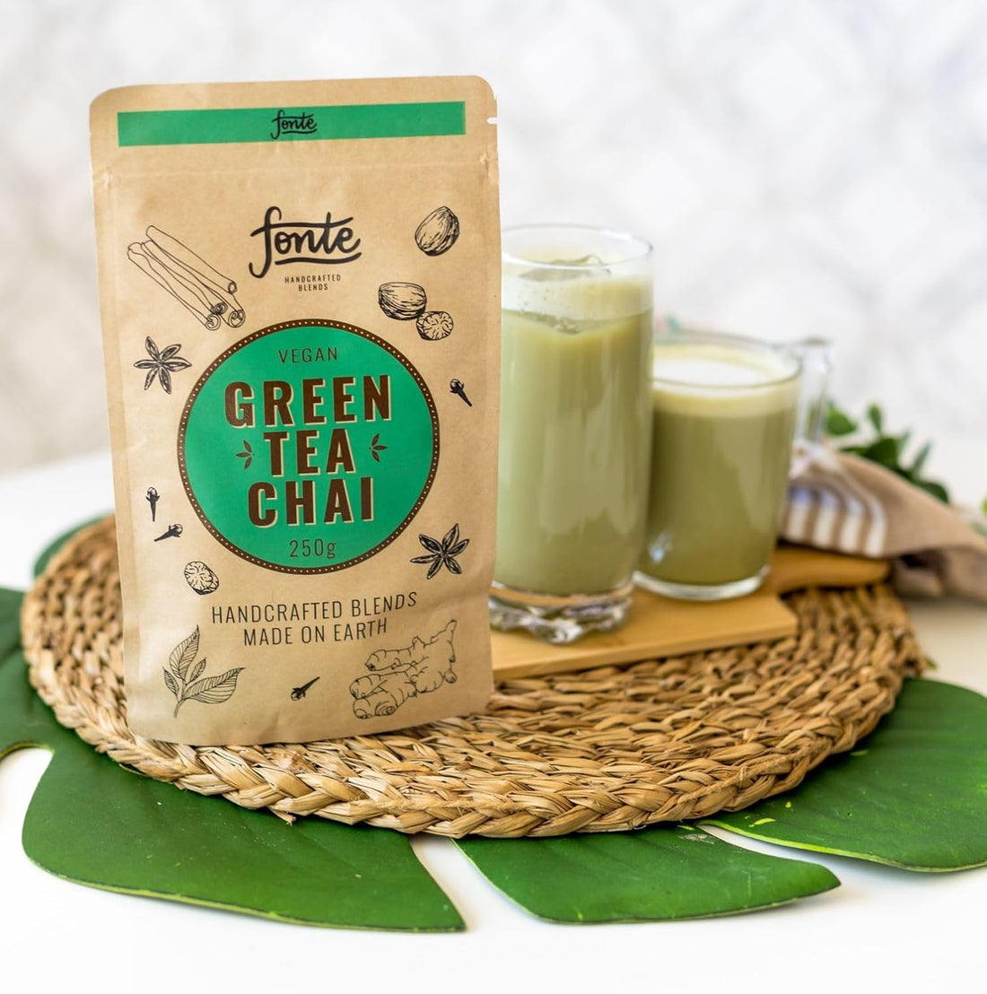 Fonte Vegan Green Tea Chai, Handgefertigte Mischung, 250g Pulver, 12 Portionen, Mit Antioxidantien