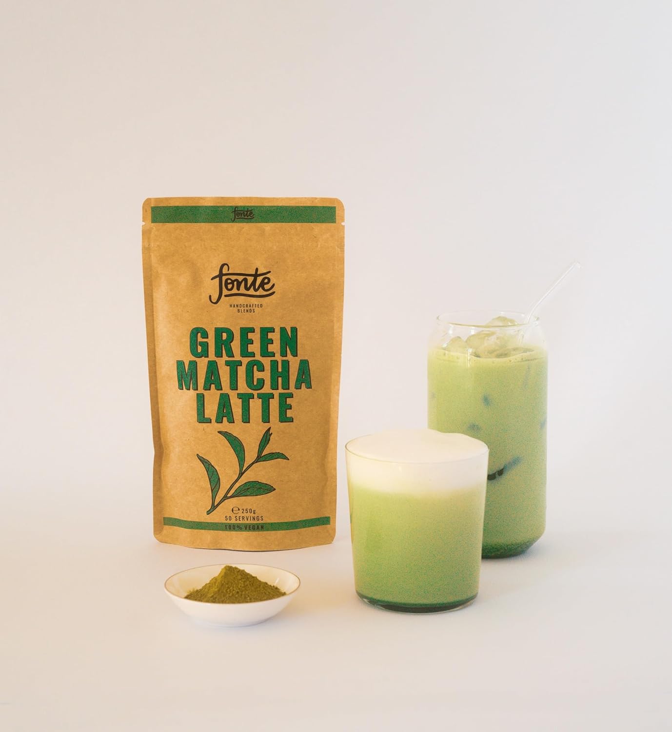 Fonte Green Matcha Latte, Handcrafted Vegan Tee Pulver, 250g Beutel, 50 Portionen, 100% Natürlich