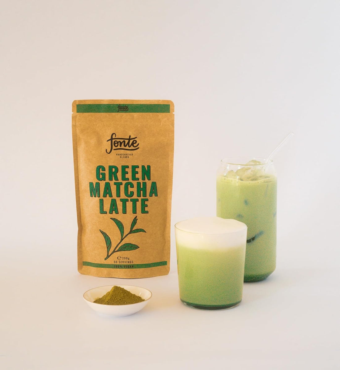 Fonte Green Matcha Latte, Handcrafted Vegan Tee Pulver, 250g Beutel, 50 Portionen, 100% Natürlich