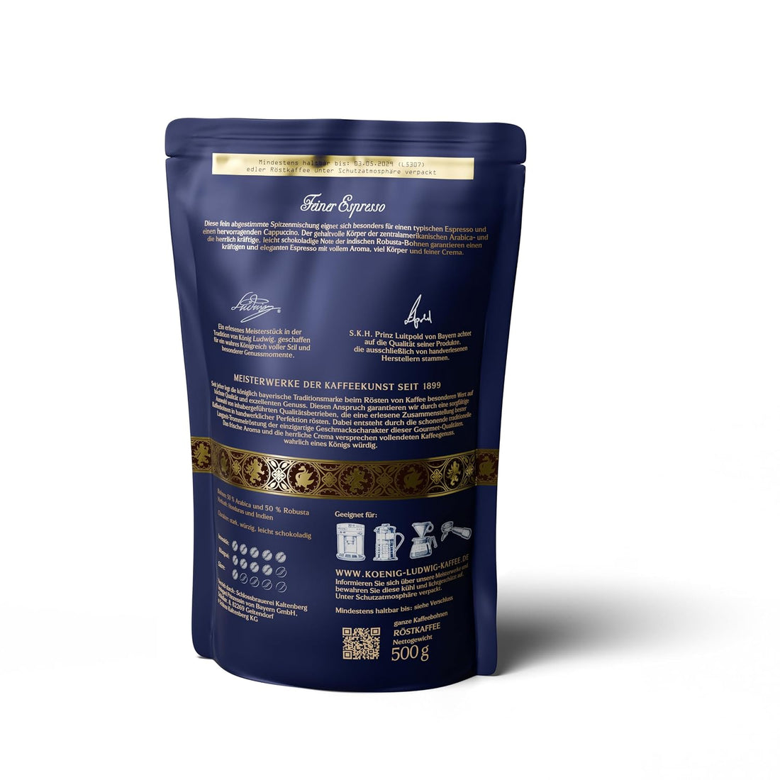 König Ludwig Ganze Kaffeebohnen, Feiner Espresso, Traditionelle Trommelröstung, 500g