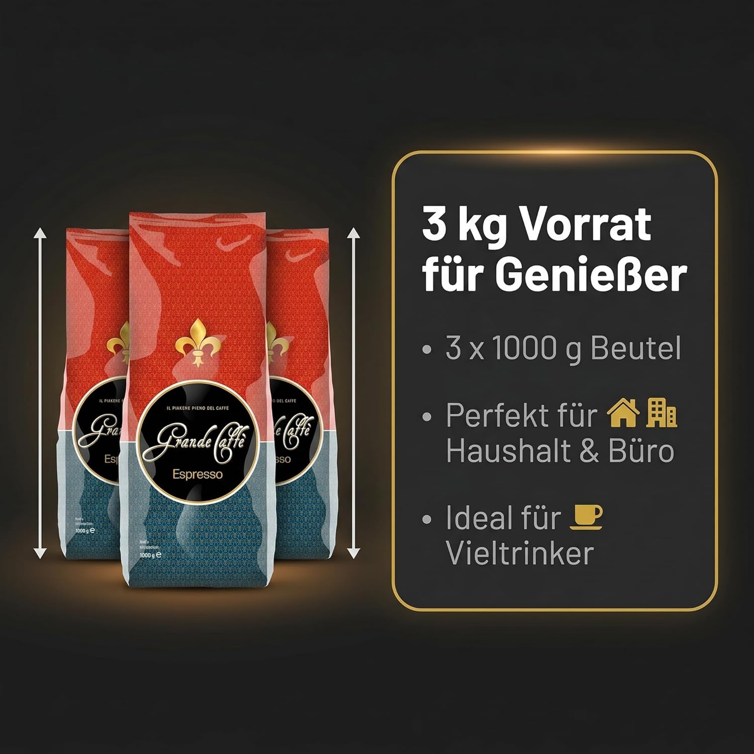 Grande Caffè Kaffeebohnen Espresso, ganze Bohnen 80% Arabica 20% Robusta, würzig-nussiges Aroma, traditionelle Trommelröstung, 3 x 1 kg Vorrat, Herkunft Honduras Brasilien Indien