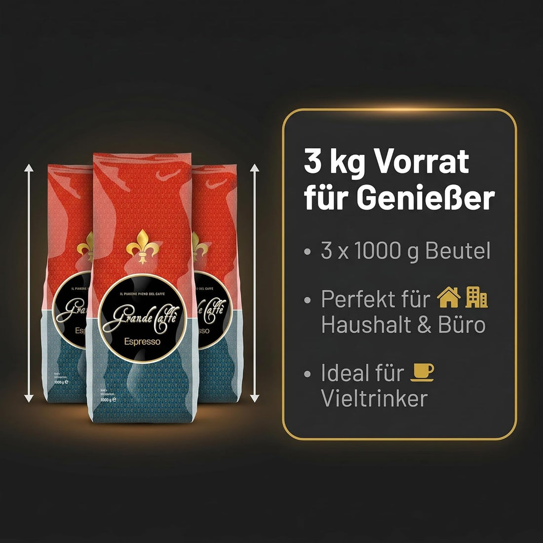 Grande Caffè Kaffeebohnen Espresso, ganze Bohnen 80% Arabica 20% Robusta, würzig-nussiges Aroma, traditionelle Trommelröstung, 3 x 1 kg Vorrat, Herkunft Honduras Brasilien Indien
