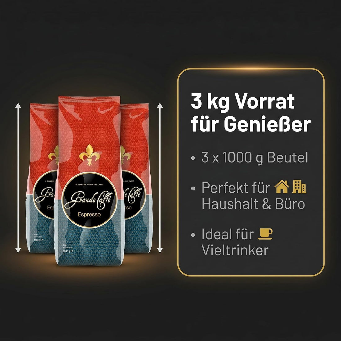 Grande Caffè Kaffeebohnen Espresso, ganze Bohnen 80% Arabica 20% Robusta, würzig-nussiges Aroma, traditionelle Trommelröstung, 3 x 1 kg + Handfächer (Zugabe-Aktion)