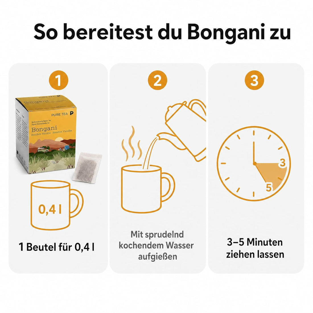 6 x PURE TEA Rooibos Tee Bongani Vanille, aromatisierter Rotbuschtee, 15 Kissenbeutel à 3 g (45 g), koffeinfrei, flache handgenähte Beutel, Dispenserbox 12 × 9 × 9 cm