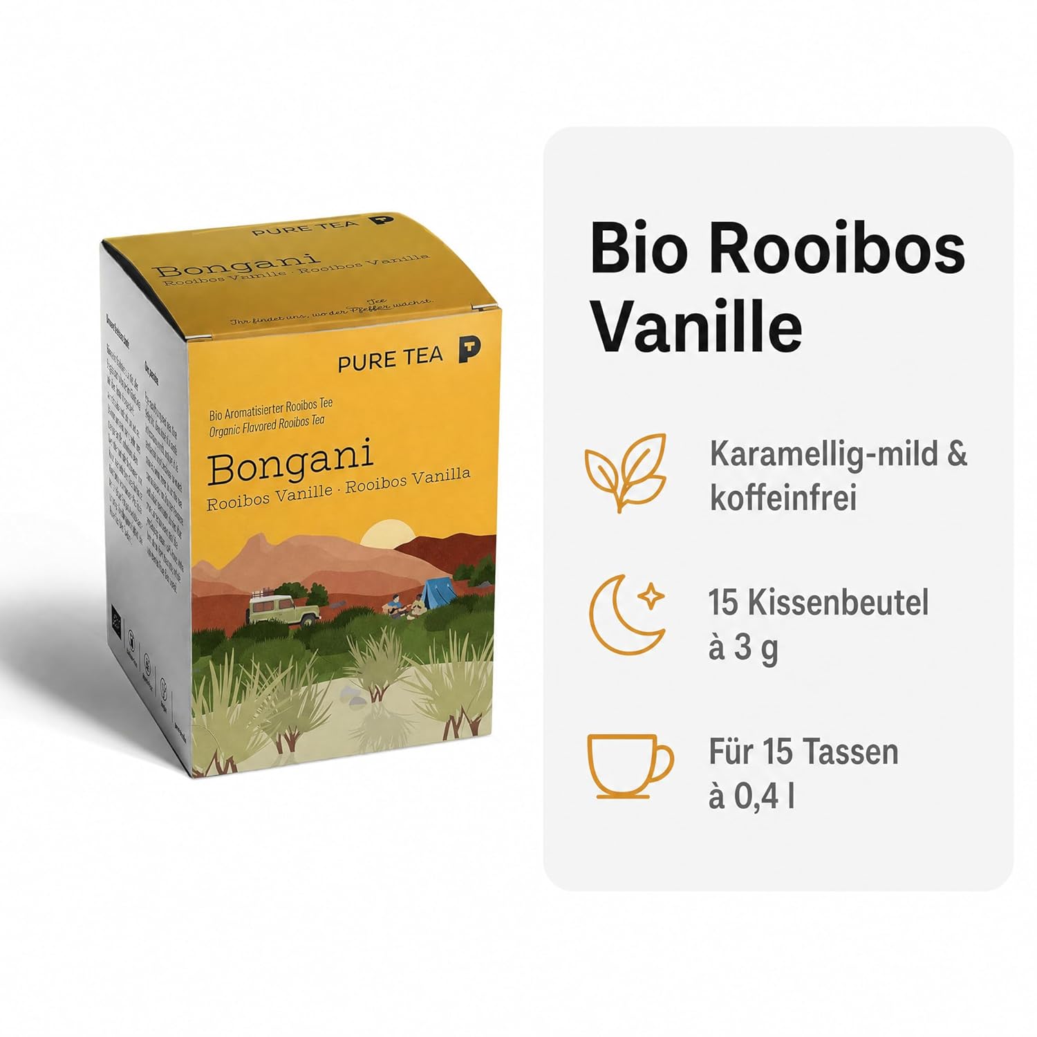 6 x PURE TEA Rooibos Tee Bongani Vanille, aromatisierter Rotbuschtee, 15 Kissenbeutel à 3 g (45 g), koffeinfrei, flache handgenähte Beutel, Dispenserbox 12 × 9 × 9 cm