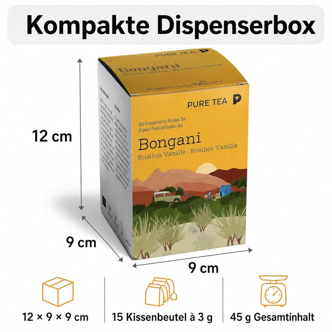 6 x PURE TEA Rooibos Tee Bongani Vanille, aromatisierter Rotbuschtee, 15 Kissenbeutel à 3 g (45 g), koffeinfrei, flache handgenähte Beutel, Dispenserbox 12 × 9 × 9 cm