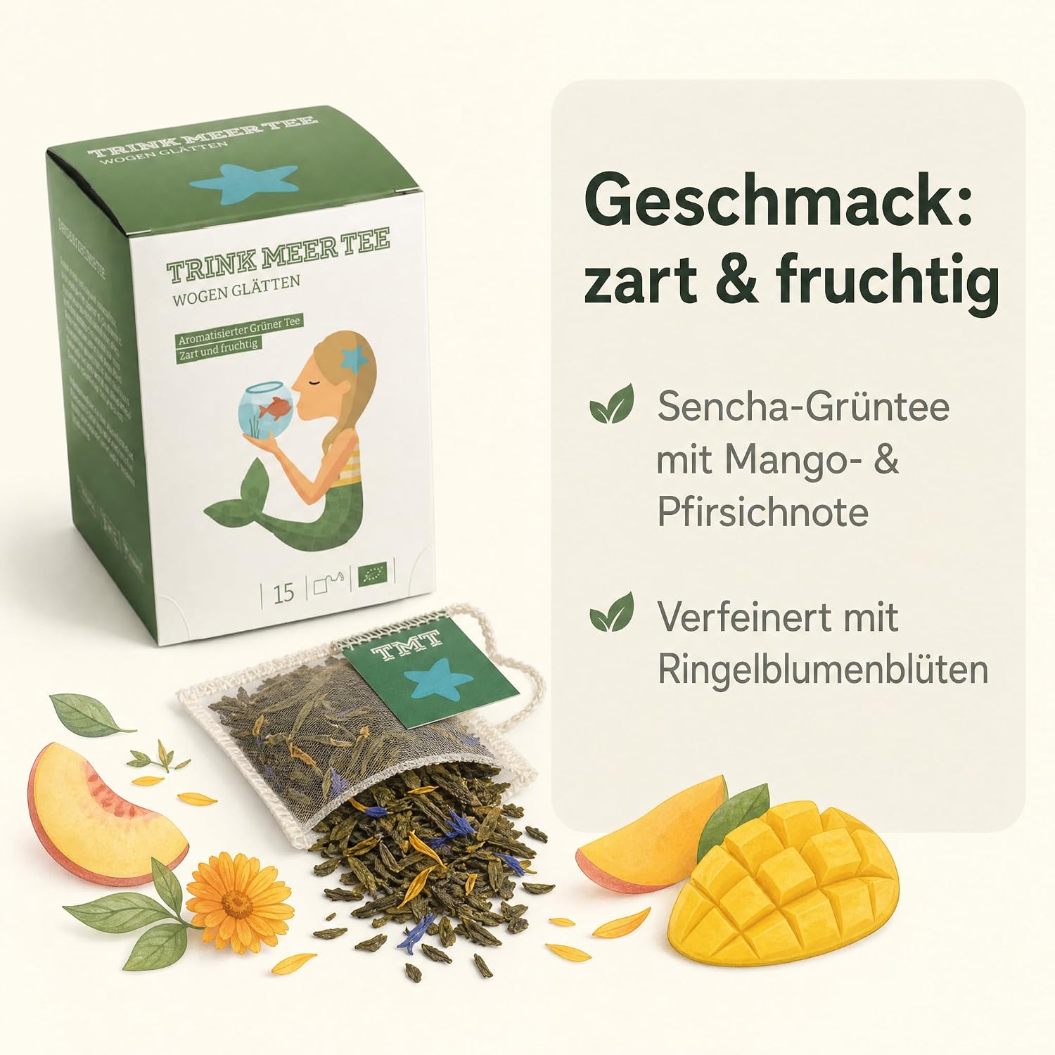 6 x Trink Meer Tee Wogen Glätten, Premium Grüner Sencha, Mango Pfirsich | Handgenähte Kissenbeutel mit aromatisiertem Sencha – ein entspannender Genussmoment als Tee-Geschenkset mit maritimem Design