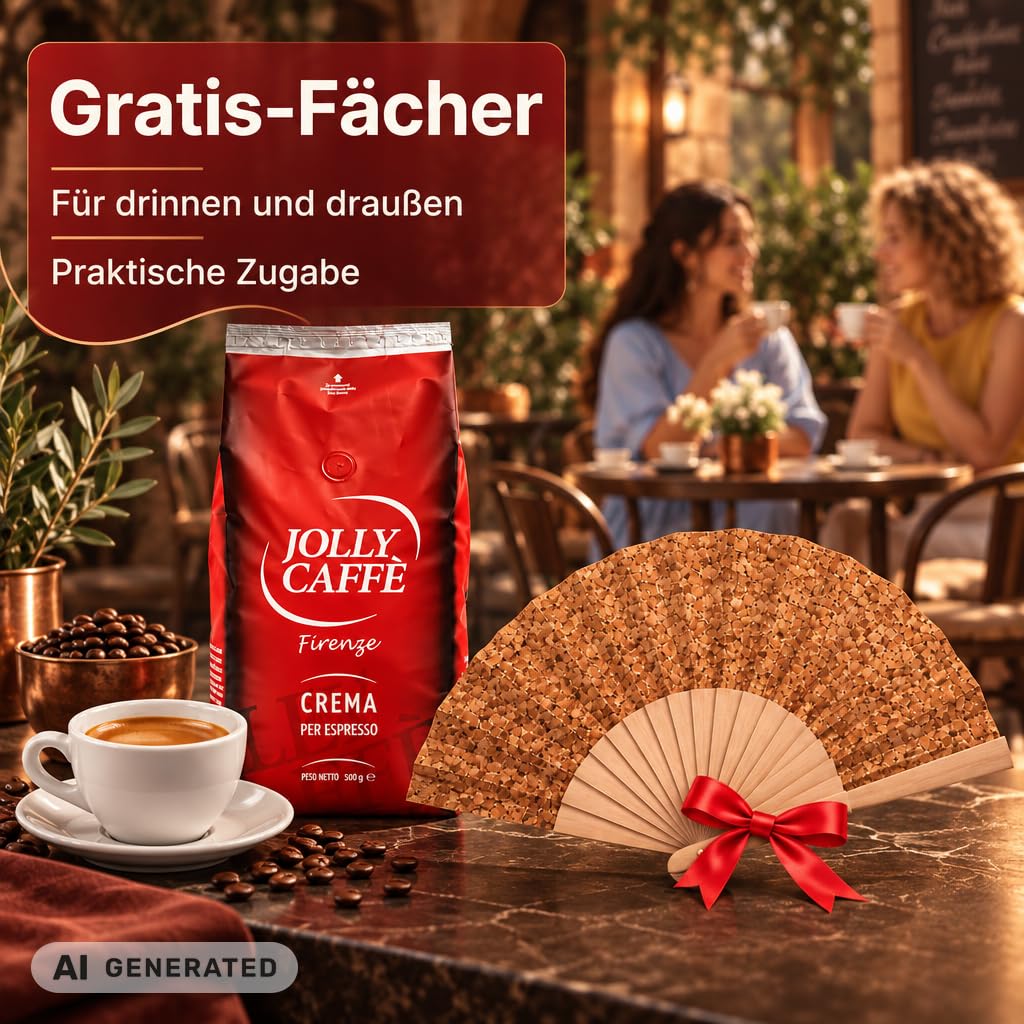 Jolly Caffè Crema Espresso Bohnen, 6 x 1 kg, Premium Arabica-Mischung aus Zentralamerika + Zugabe Fächer