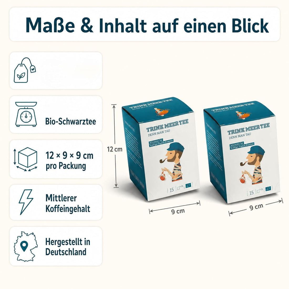 6 x Trink Meer Tee Denn Man Tau, Schwarzer Tee English Breakfast, 90 Teebeutel, Kräftiger Schwarztee im handgenähten Kissenbeutel