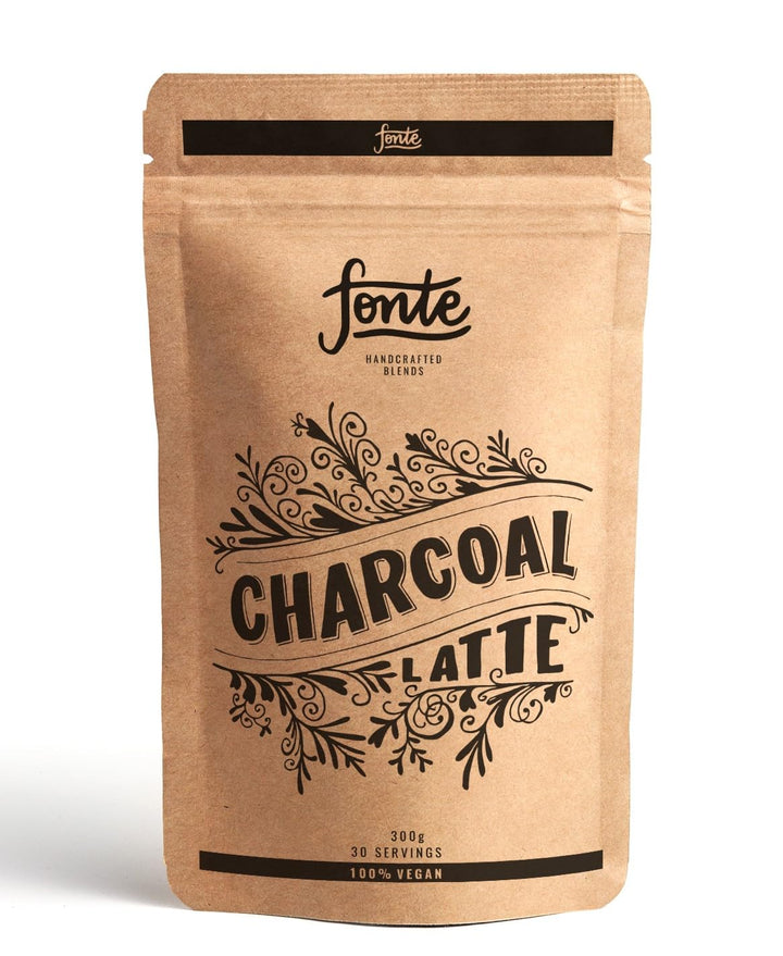 Fonte Handcrafted Charcoal Latte, Veganes Aktivkohle Getränkepulver, 300g für 30 Portionen, Mit Kokosblütenzucker und Ingwer, Für Warme und Kalte Zubereitung