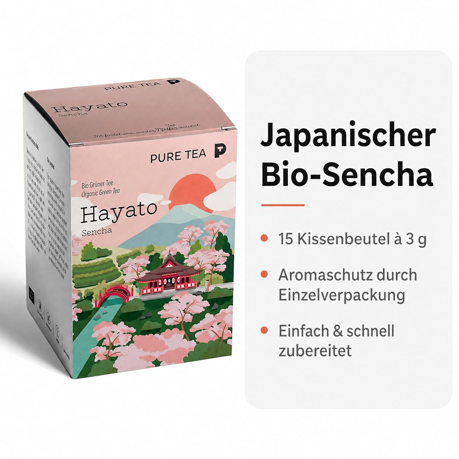 6 x Pure Tea Grüner Tee Sencha Hayato, japanischer Grüntee im Kissenbeutel, 15 Beutel à 3 g, Premiumqualität, Dispenserbox, frisch-duftiges Aroma