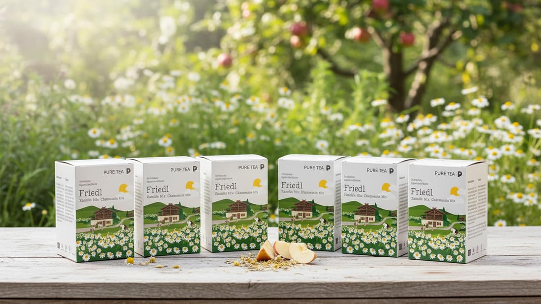 6 x PURE TEA Kamillentee Friedl Kamille Mix, Kräutertee mit 50% Kamillenblüten, Apfelstücken & Zitronenverbene, koffeinfrei und glutenfrei, Kissenbeutel in Dispenserbox