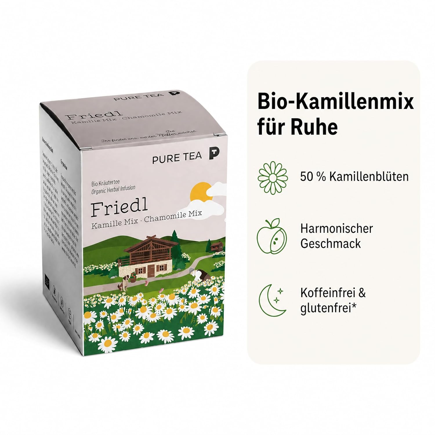 PURE TEA Kamillentee Friedl Kamille Mix, Kräutertee mit 50% Kamillenblüten, Apfelstücken & Zitronenverbene, koffeinfrei und glutenfrei, Kissenbeutel in Dispenserbox