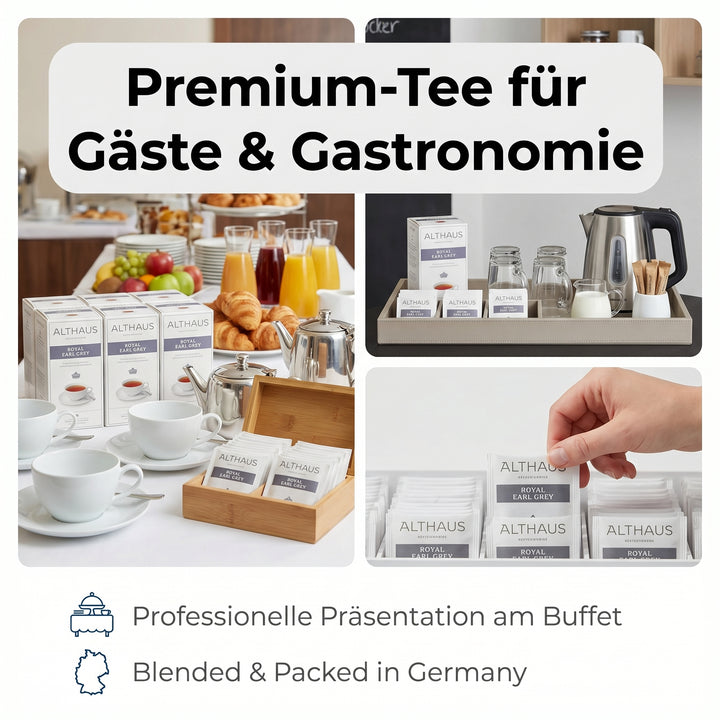 Althaus Earl Grey Teebeutel Royal Earl Grey, aromatisierter Schwarzer Tee mit Bergamotte, Pyramiden-Teebeutel einzeln verpackt, premium Schwarztee, Blended & Packed in Germany, elegante Spenderbox