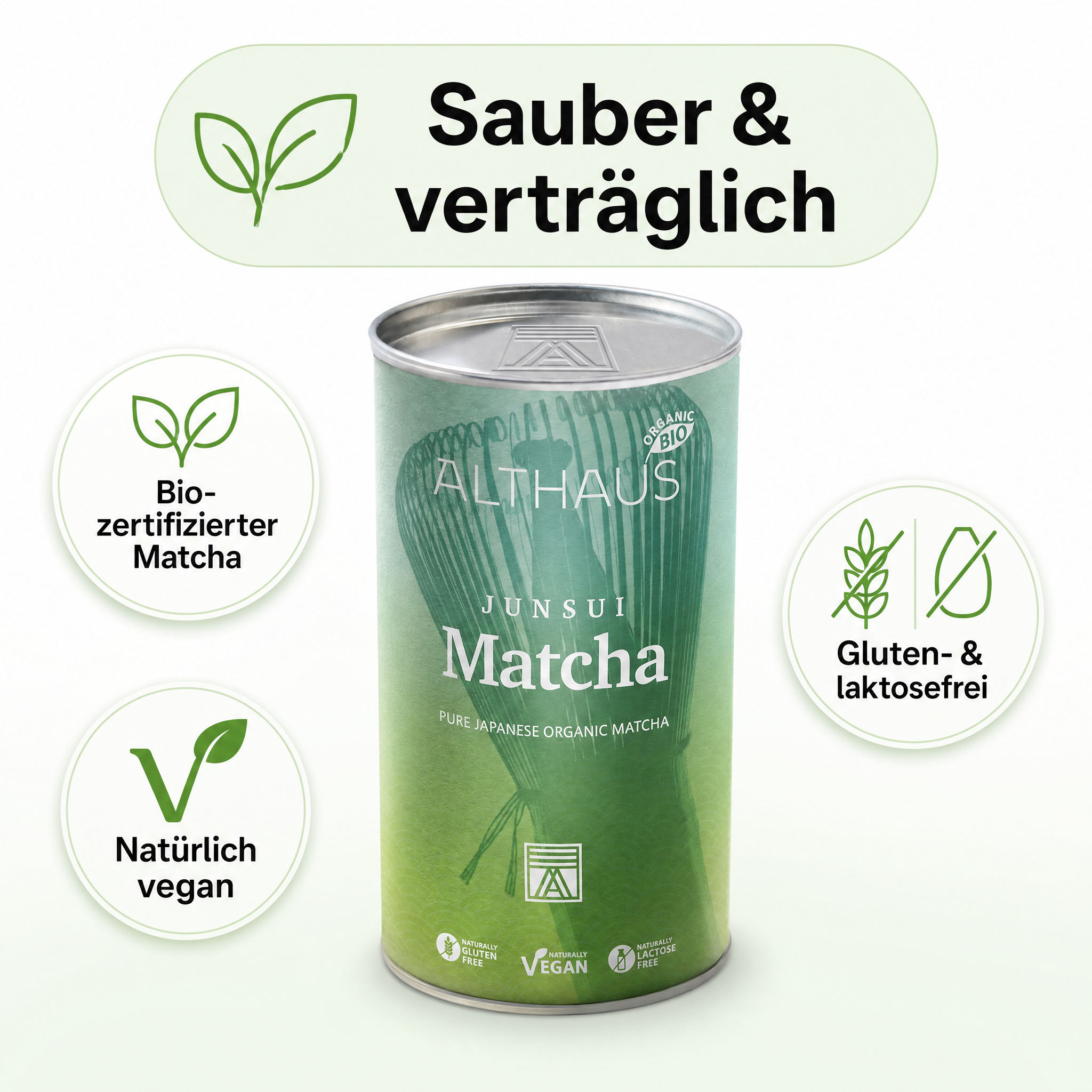 ALTHAUS Junsui Matcha – Japanisches Matcha Pulver, Top-Qualität, reiner japanischer Matcha-Tee, fein gemahlen, leuchtend grün, 150 g in der Dose, vegan, glutenfrei, laktosefrei