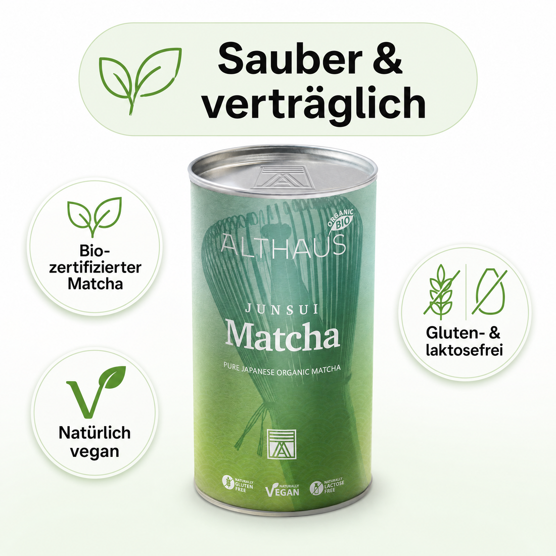 ALTHAUS Junsui Matcha – Japanisches Matcha Pulver, Top-Qualität, reiner japanischer Matcha-Tee, fein gemahlen, leuchtend grün, 150 g in der Dose, vegan, glutenfrei, laktosefrei