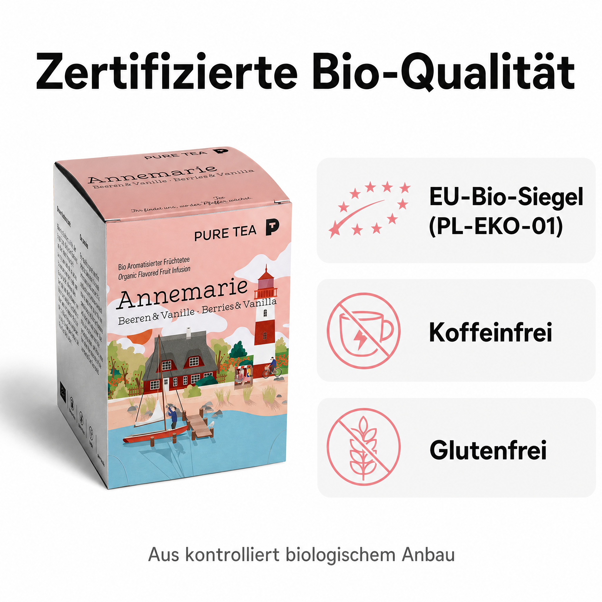 Pure Tea Früchtetee Bio Annemarie Beeren & Vanille, 15 Teebeutel à 3,5 g, aromatisierter Bio-Früchtetee, koffeinfrei & glutenfrei, EU‑Bio (PL‑EKO‑01), Dispenserbox