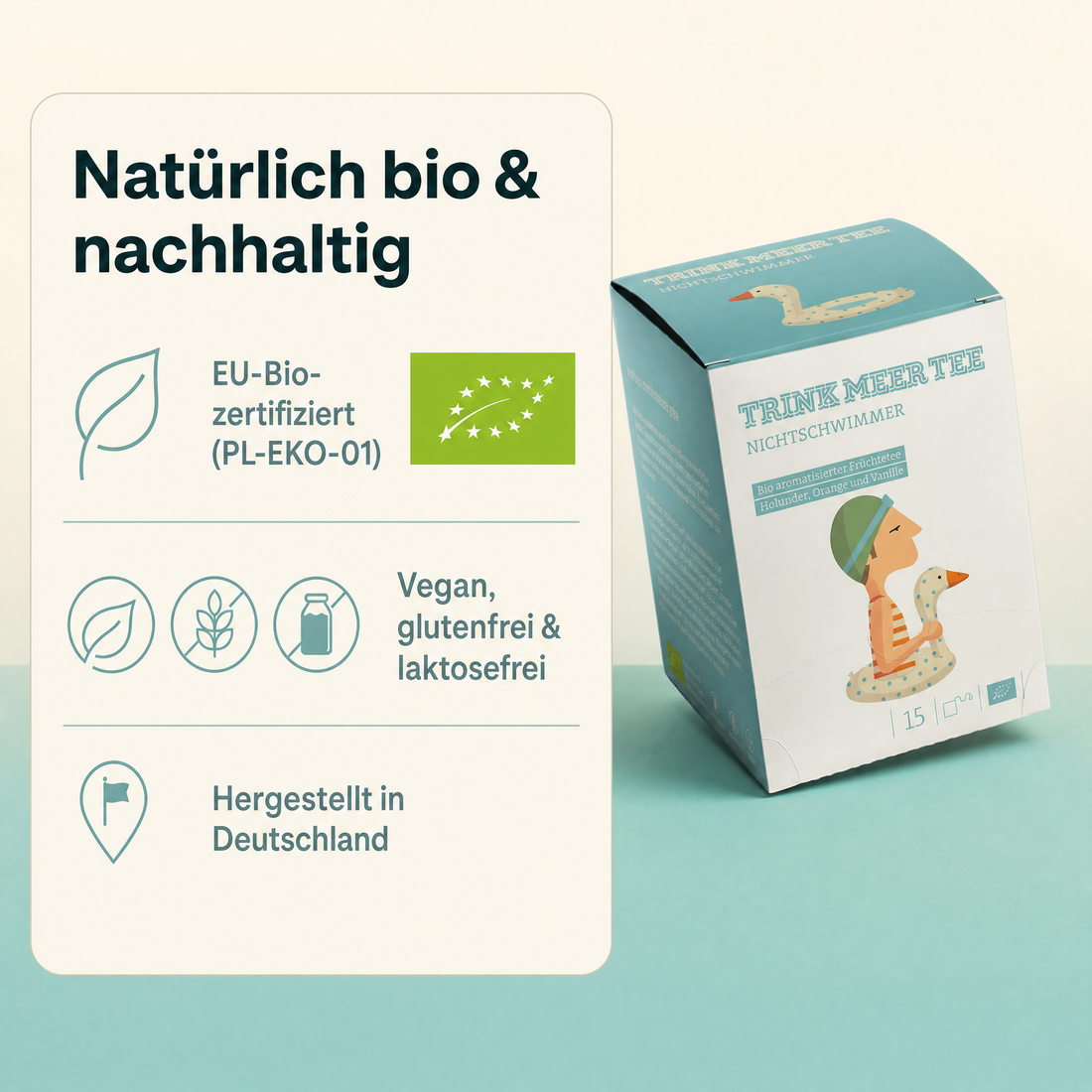 Trink Meer Tee Bio Früchtetee Nichtschwimmer, aromatisiert mit Holunder, Orange und Vanille, handgenähte Kissenbeutel, koffeinfrei, vegan und glutenfrei, zertifiziert, 15 Kissenteebeutel
